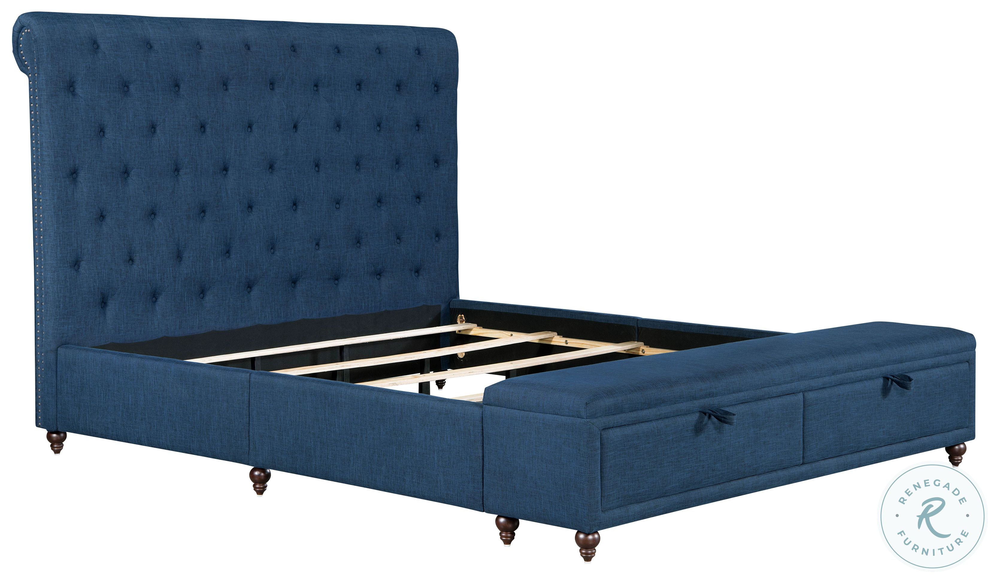 Sheridan Navy Upholstered King Platform, King Bed With Bench Footboard