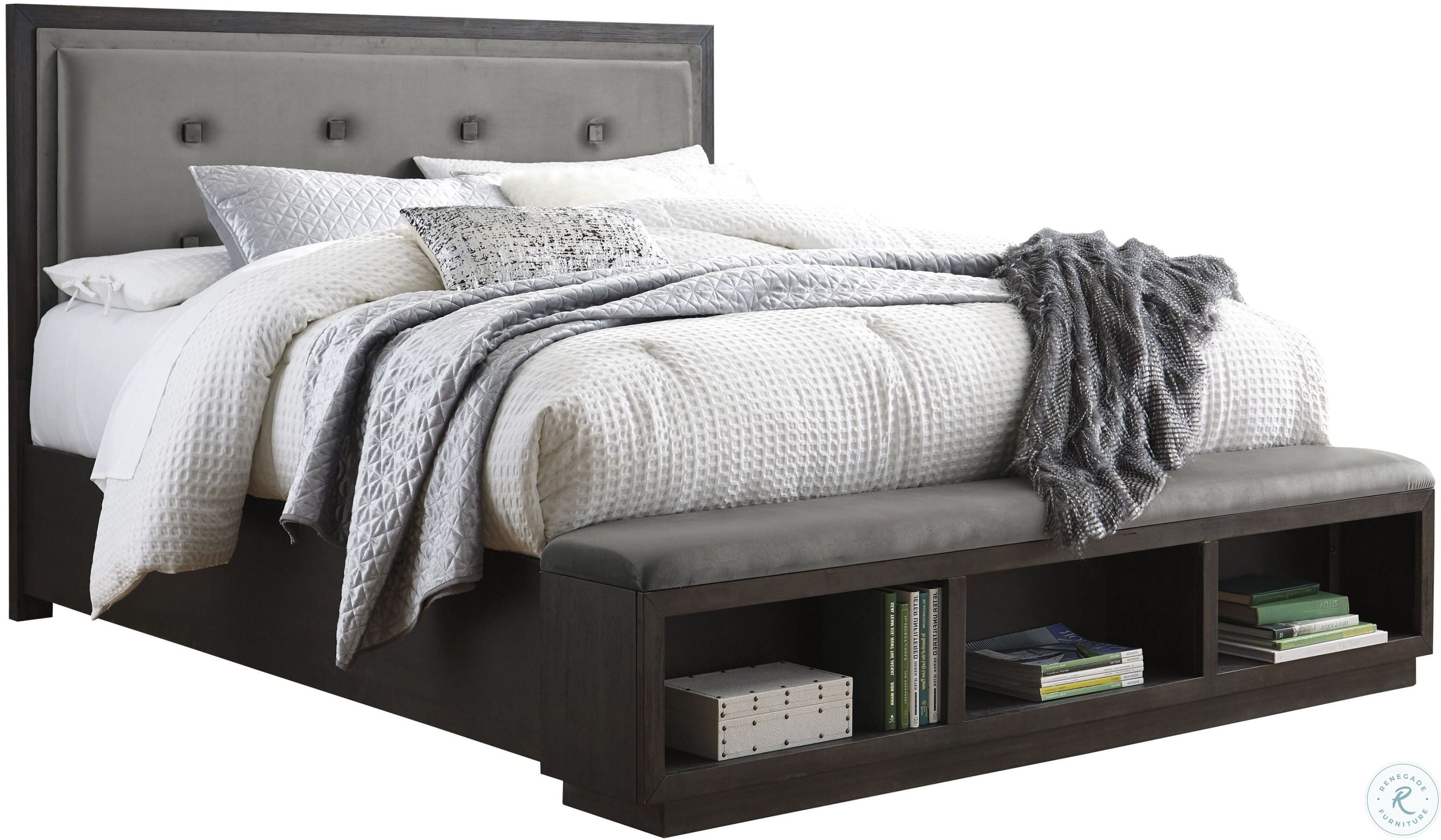 Hyndell Dark Brown King Upholstered, Black King Size Platform Storage Bed