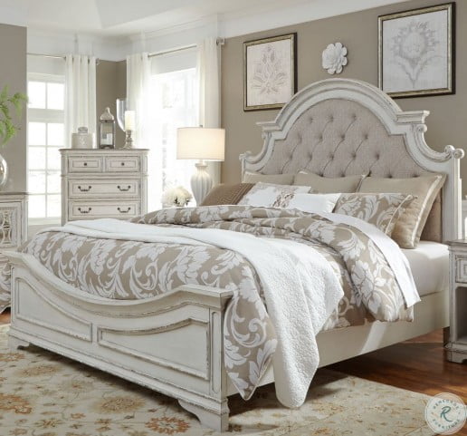 Magnolia Manor Antique White King, Realyn Upholstered Panel Bed King