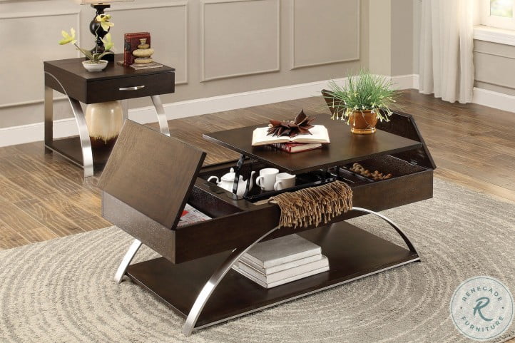 Tioga Espresso And Brushed Chrome Metal, Carrier 50 Wide Espresso Lift Top Storage Coffee Table