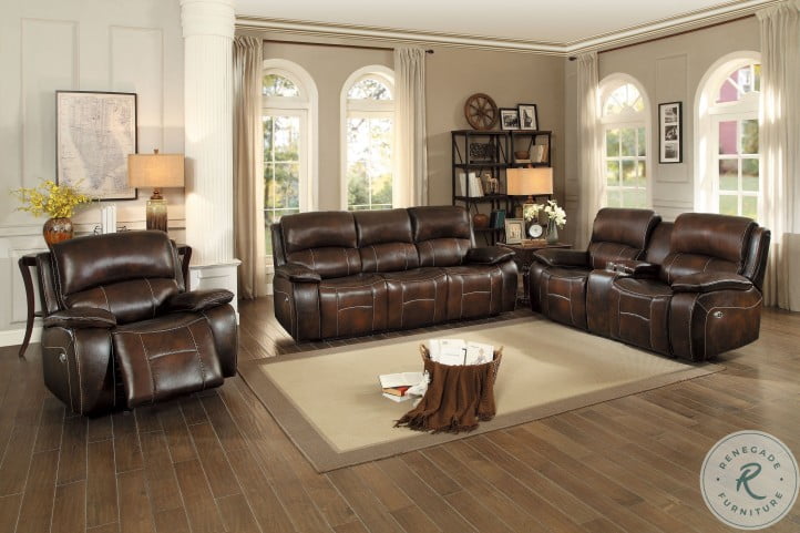 Mahala Dark Brown Leather Power Double, Barrington Leather Power Reclining Sofa Set