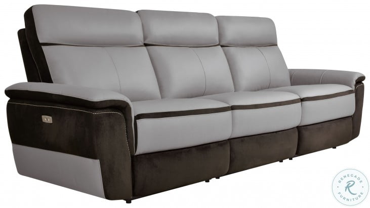 Laertes Two Tones Gray Leather Power, Two Tone Leather Recliner Sofa With Drinks Console Table