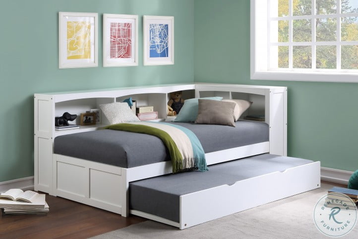 Galen White Twin Bookcase Corner Bed, Twin Bed With Bookcase And Trundle