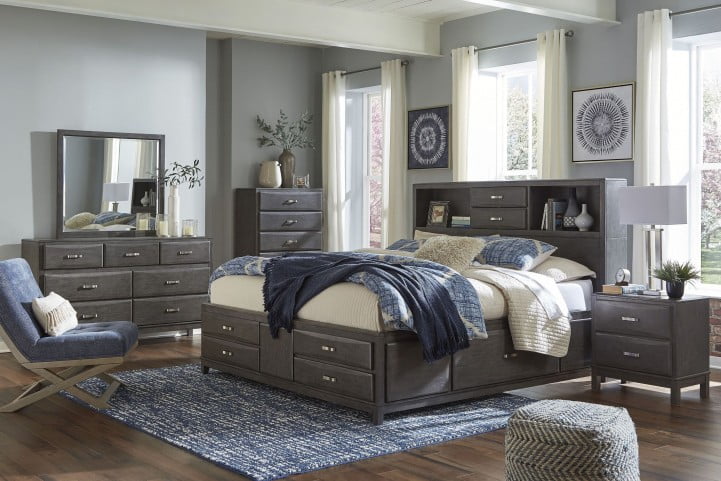 Caitbrook Gray Full Bookcase Storage, Ashley Cambeck King Storage Bed