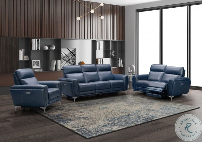 Cameron Marco Navy Blue Leather Match, Light Blue Leather Reclining Sofa Set