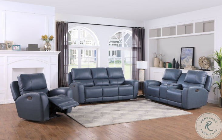 Bel Air Dual Power Reclining Sofa, Blue Leather Reclining Sofa