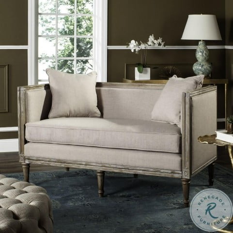 Rustic Oak Linen French Country Settee, Lazzaro Leather Clayton Taupe Sofa