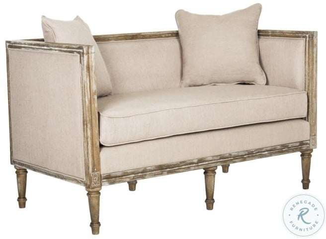 Rustic Oak Linen French Country Settee, Lazzaro Leather Clayton Taupe Sofa