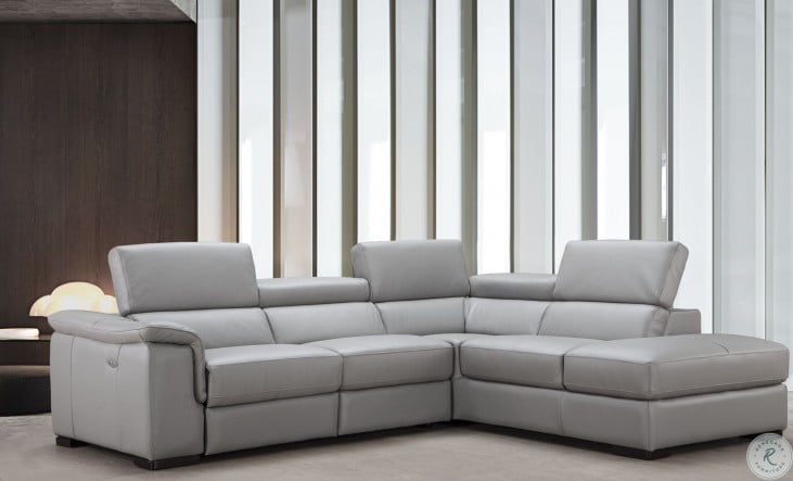 Perla Light Gray Premium Leather Power, Non Power Reclining Leather Sectional