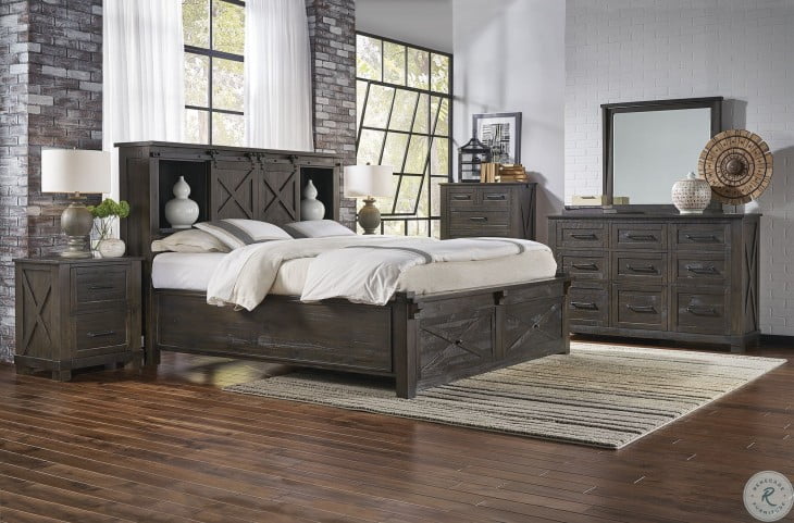 Charcoal Bookcase Storage Bedroom Set, Rustic Bookcase Storage Bed