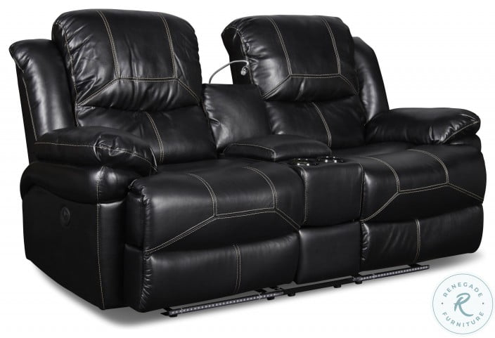 Flynn Black Power Reclining Console, Black Leather Loveseat Recliner With Console